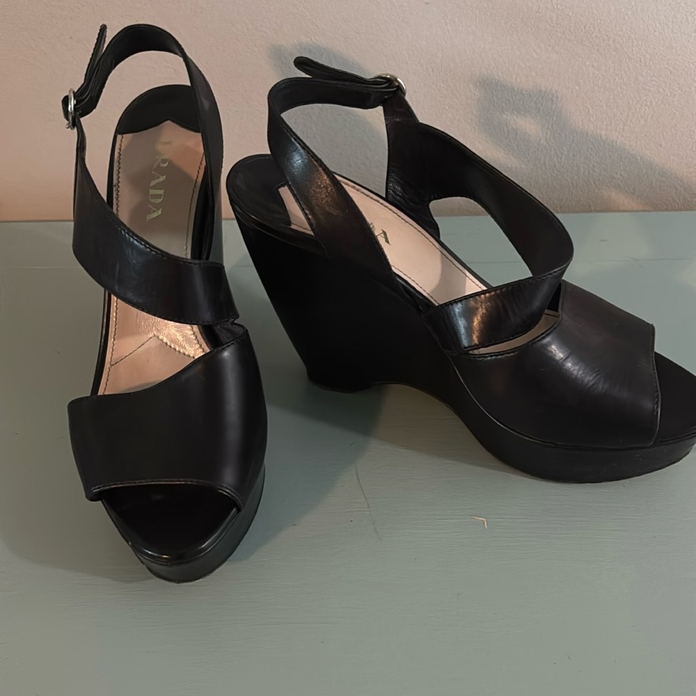 Black Prada Leather Wedges